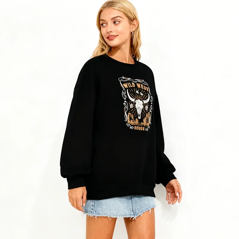 Frauen Rundhals Langarm Samt Winter Casual Modische Cowgirl Stil Kuh Schädel Druck Sweatshirt Frau Kleidung