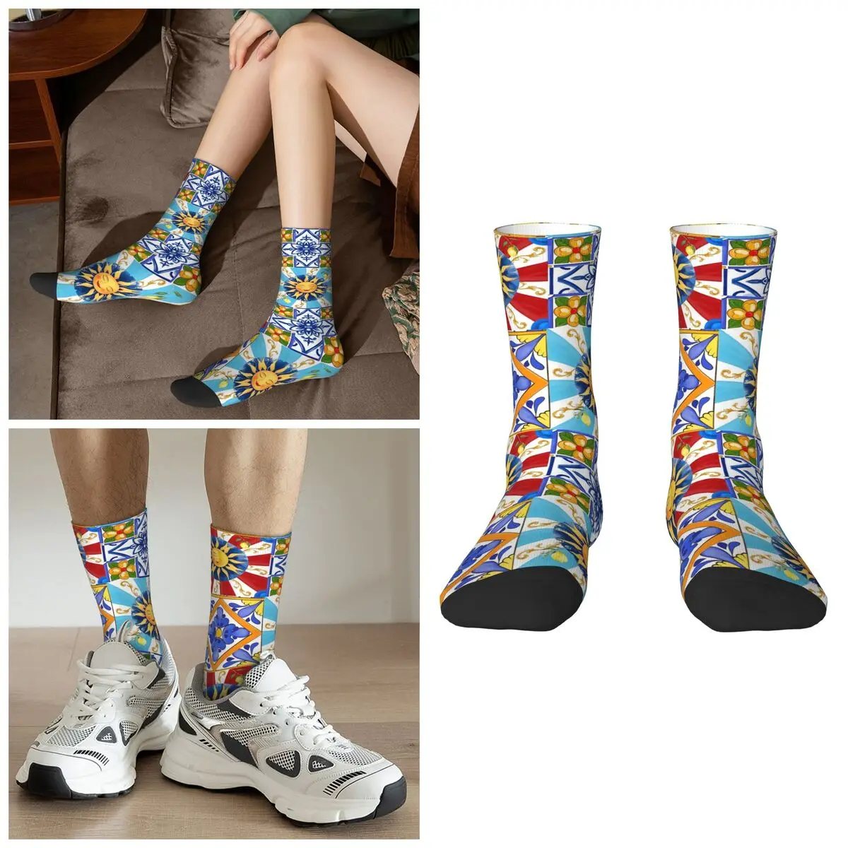 

Сицилийская плитка, солнце, полумесяц, среднеземноморский стиль, лимонные художественные носки, чулки высокого качества в стиле Харадзюку, всесезонные длинные носки