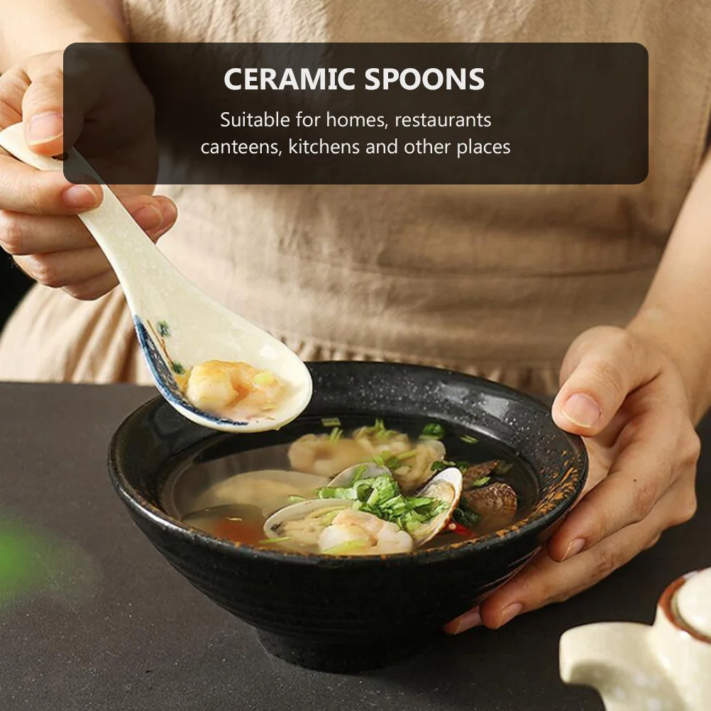 

6Pcs Japanese Ceramic Soup Spoons Set Beautifully Printed Smooth Easy Clean for Home Restaurant Kitchen