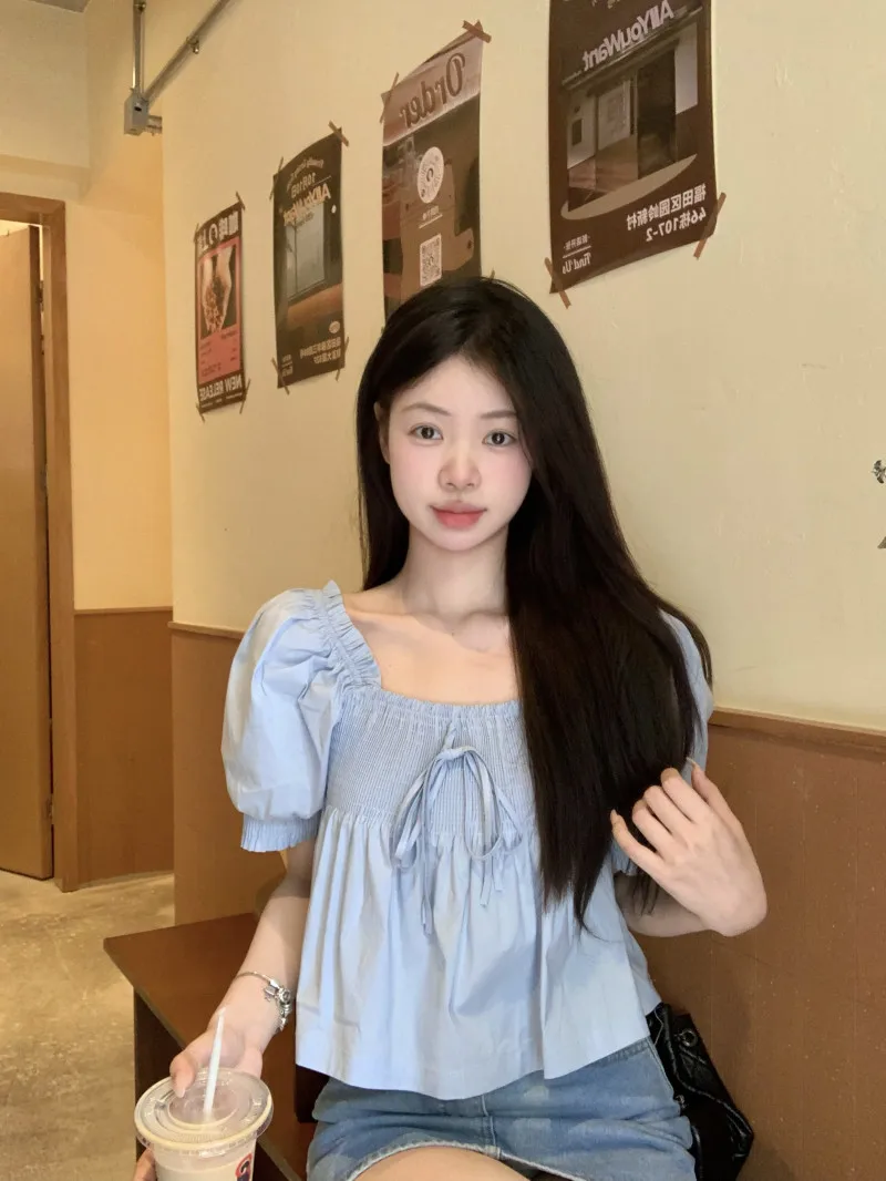 

Sweet Style Blue Slimming Knot Bubble Sleeve Women's Casual Top Shirt Spring Anti-Aging Pullover Polyester Fiber