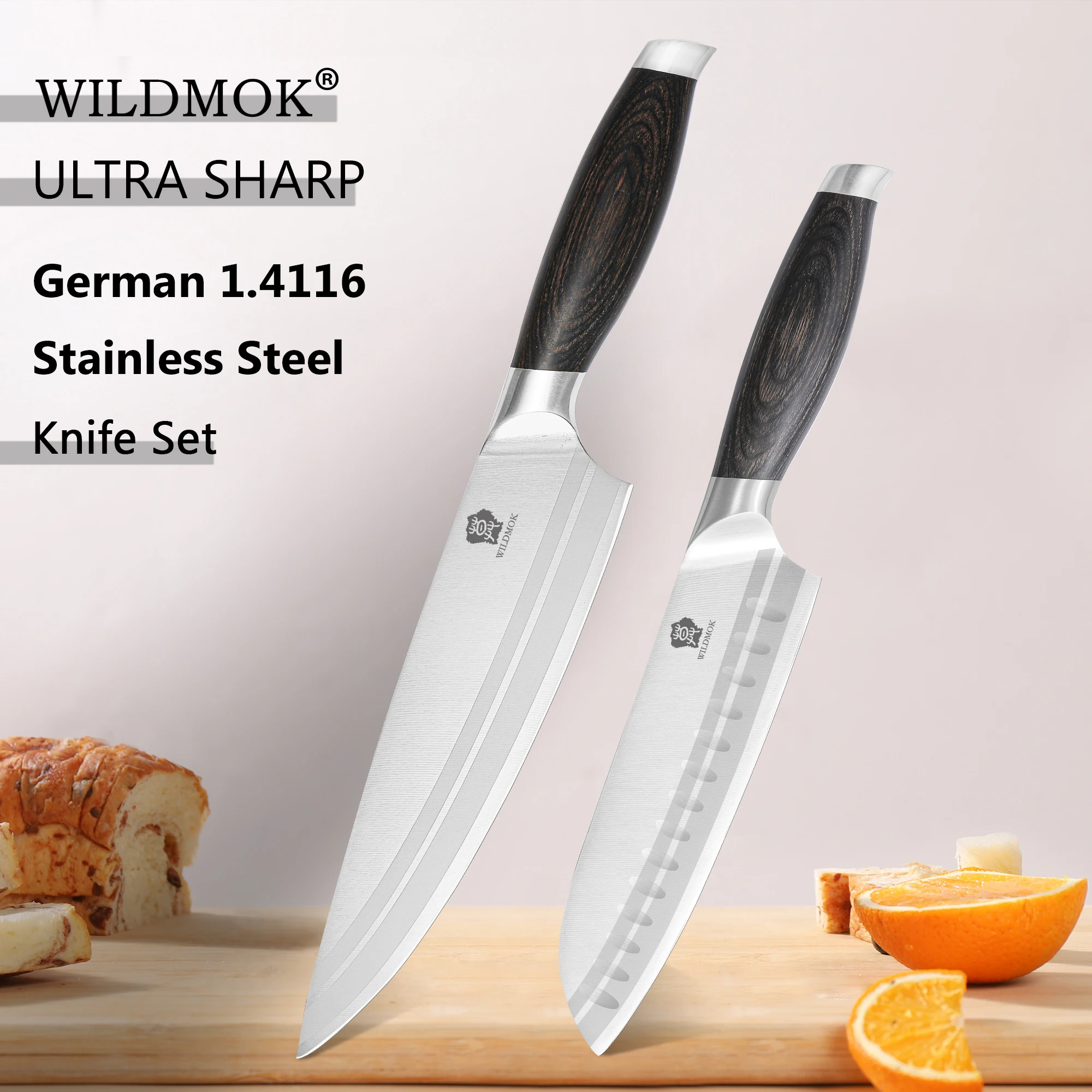 

WILDMOK 2 Pcs Stainless Steel Chef Knife Set Germany 1.4116 High Carbon Stainless Steel Chef+Santoku Knife Set -Pakkawood Handle