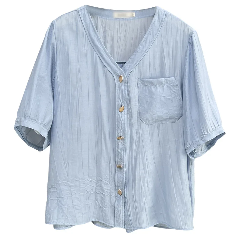 

2025 Женская рубашка больших размеров, летний новый стиль, 100 кг, элегантные тонкие блузки с v-образным вырезом и короткими рукавами-фонариками 2513