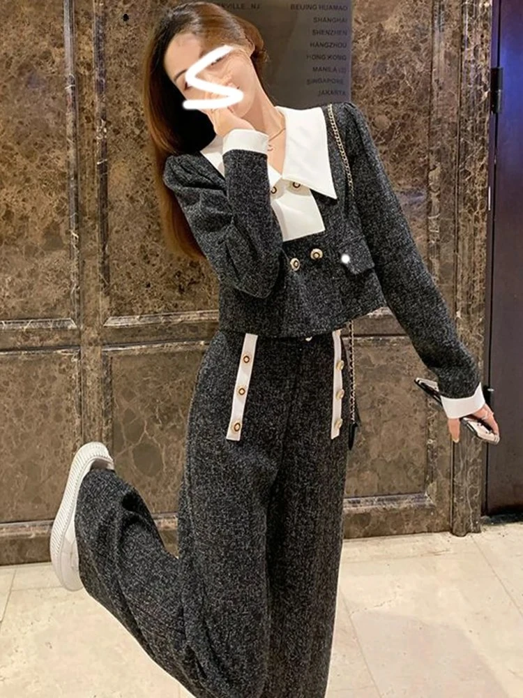 Winter Two Piece Sets for Women Lapel Patchwork Short Coats Top Wide Leg Casual Pants 2025 Korean Fashion Womens Outfits ZT235