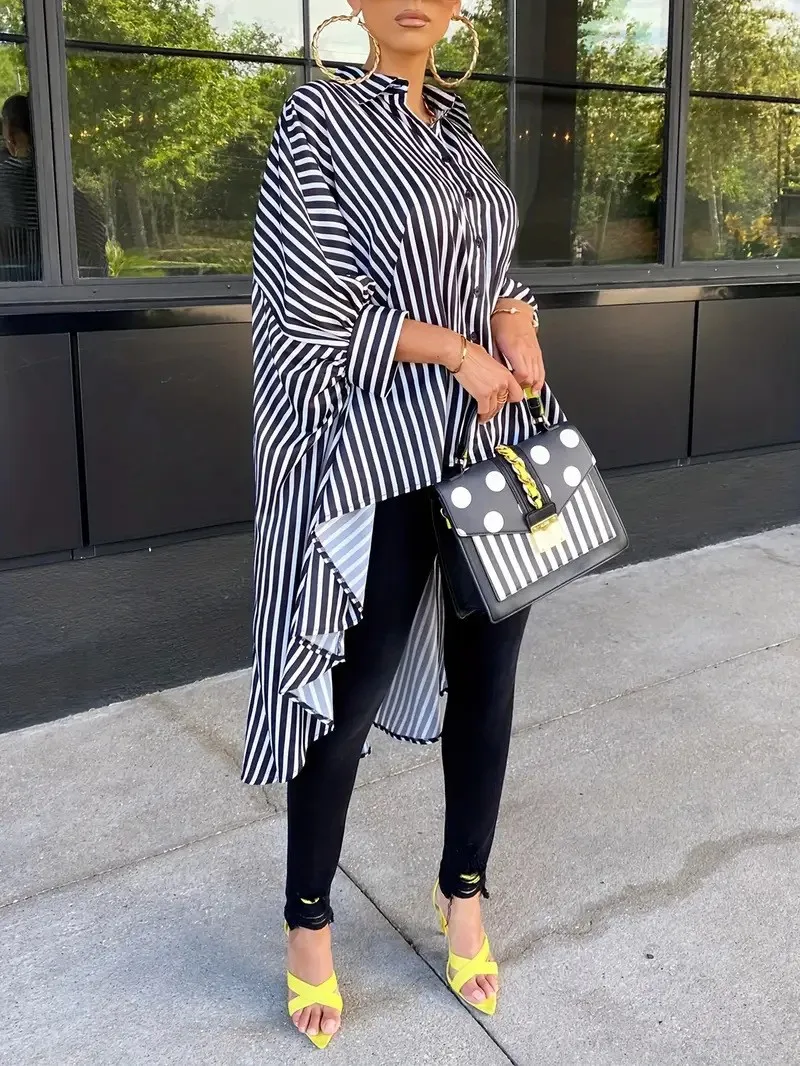 

Women Blouse Cape Sleeve Women's Long Sleeve Striped Oversized Asymmetrical Hem Button Front Wrap Hem Top Elegant Loose Fit