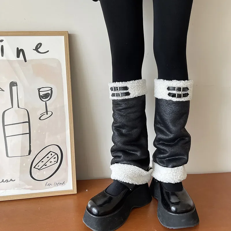 Punk Thickened Lamb's Wool Suede Leg Warmers Ball PU Winter Warm Plush Knee Warmer Socks Cold Protective Y2k Boots Cover Socks