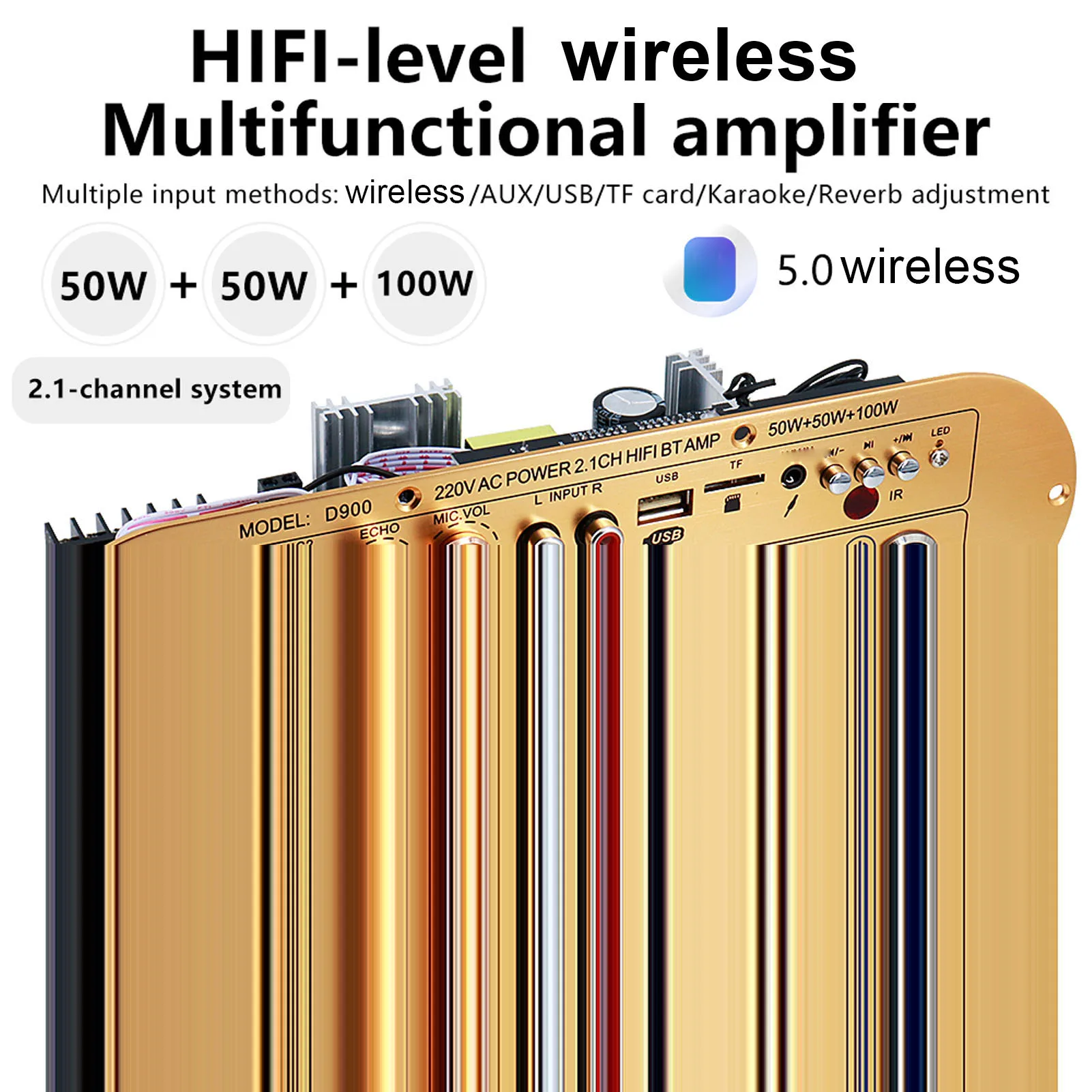 

Аудиоусилитель D900 на чипе TPA3116, 2.1-канальный, с Bluetooth 5.0, USB, регулировкой реверберации, мощностью 50Вт+50Вт+100Вт, Hi-Fi усилитель мощности с пультом ДУ и AUX