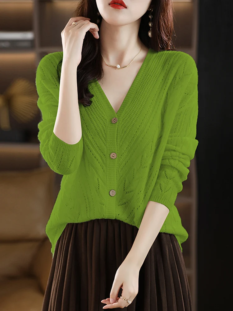 Suéter elegante de lana merina de 100% para mujer, cárdigan informal de punto para otoño e invierno, ropa calada de manga larga para mujer, Tops