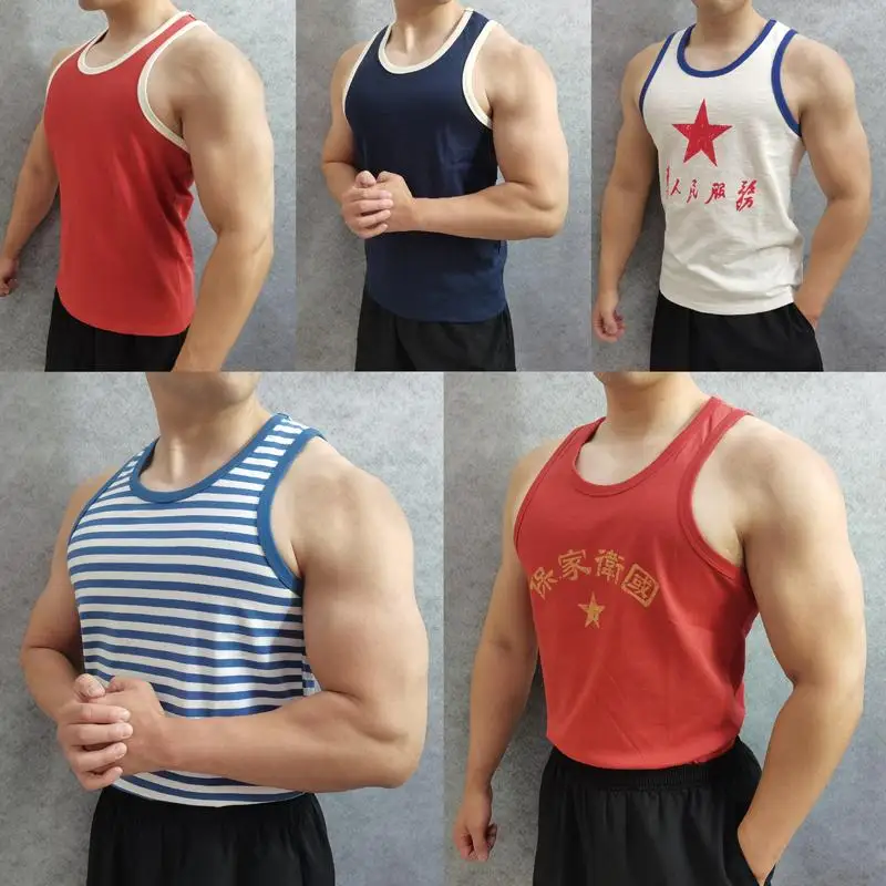 Retro Muscle Shark 230g Cotton Patriotic Sea Soul Shirt Vest National Goods Sports Khaki Youth Popular Standard Fit Printed Vest