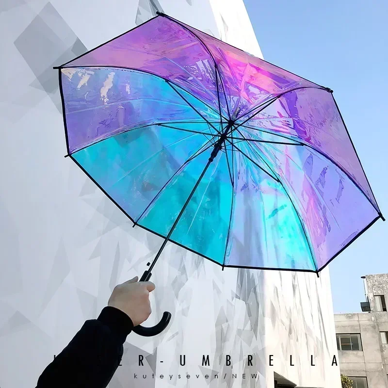 Colorful Rainbow Umbrella Transparent Color Changing Long Handle Umbrella Rain Women\'s Big Umbrellas Parapluie Girl Gift SY191