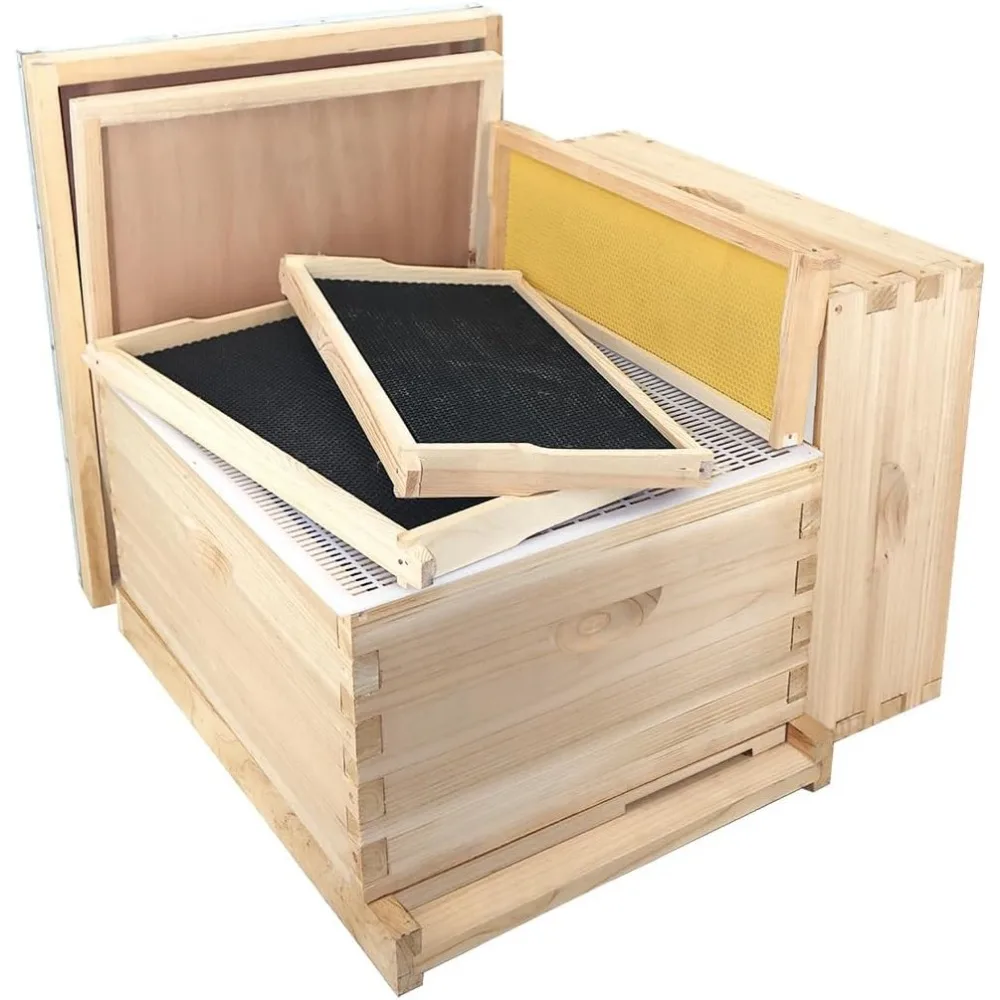 10-Frame Beehive Starter Kit, Honey Bee Hives Includes 1 Deep Bee Box 1 Medium Bee Hive Box with Beehive Frames and Beeswax