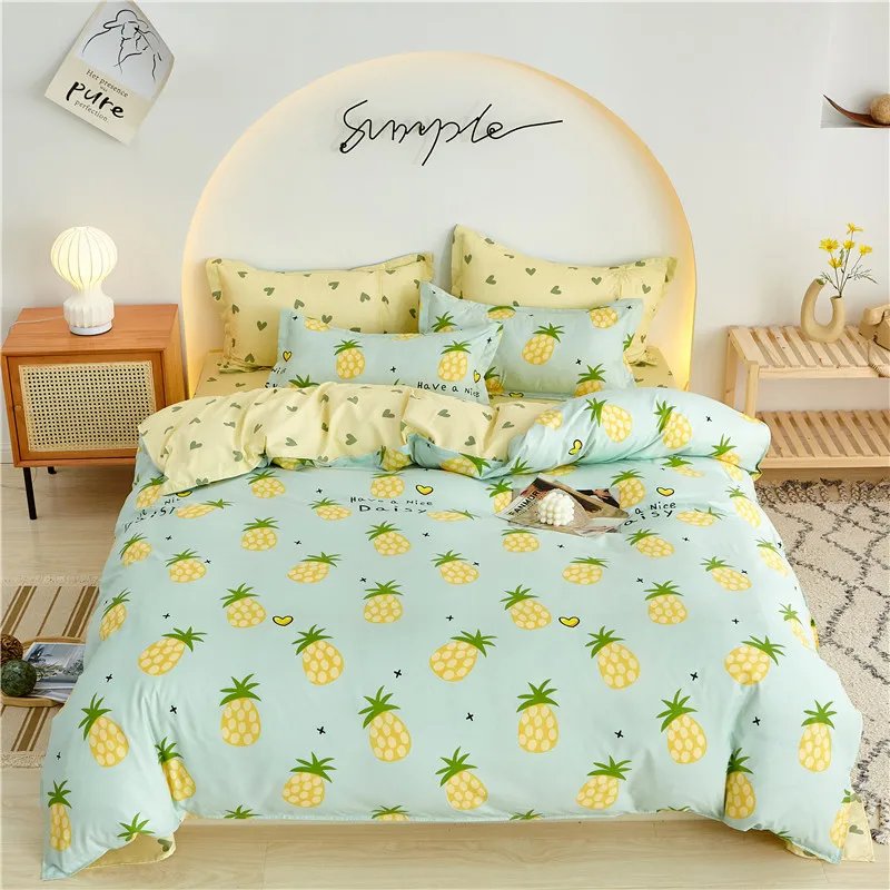 Kawaii Fruit Pineapple Duvet Cover Queen 4 Piece Cartoon Love Heart Bedding Set Microfiber Reversible Farmhouse Comforter Cover