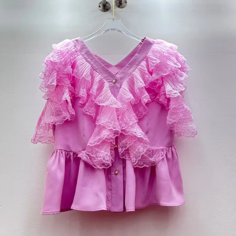 

European Style Petite Chic V-Neck Fashion Blouse For Women Summer 2025 New Design Red Top