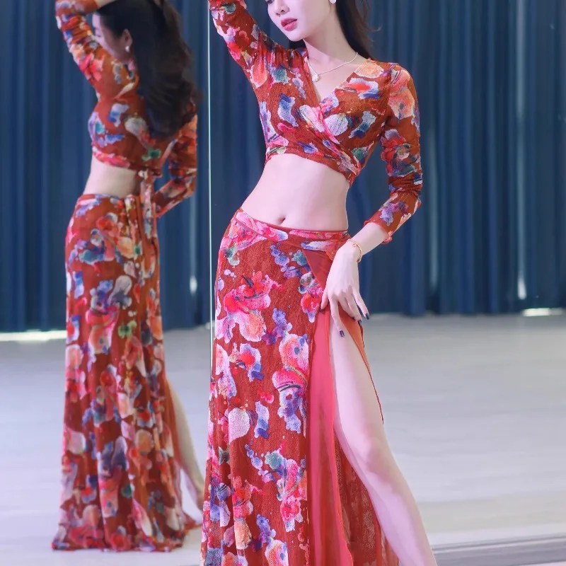 customized Pumpkin colored lace mesh double layered large swing skirt one-piece belly dance costume East