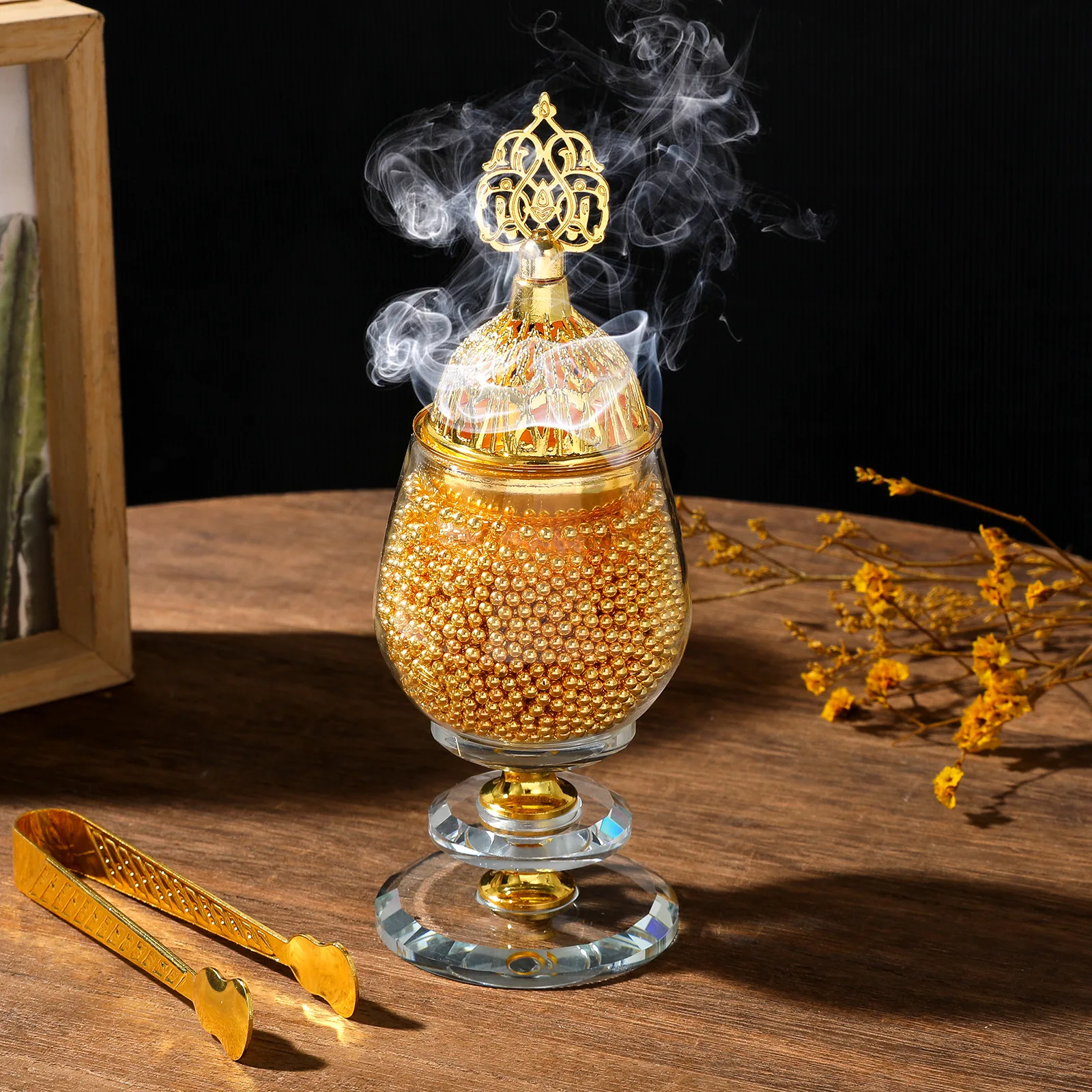 Wholesale New Crystal Golden Pearl Handmade Glass Incense Burner Middle Eastern Arabic Living Room Wedding Decoration Religious