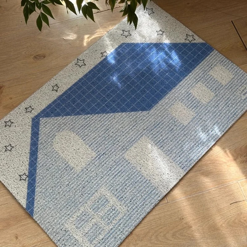 Blue House PVC Doormat Easy Care Cuttable Entrance Welcome Mat Rug Carpet Floor Anti Dust Pad Outdoor Aesthetics Home Room Decor