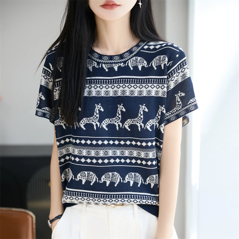 Summer Women's Short Sleeved Round Neck Knitted Lyocell T-Shirt Casual Jacquard Pullover Short Sleeved Women's Fashion Hot Sale