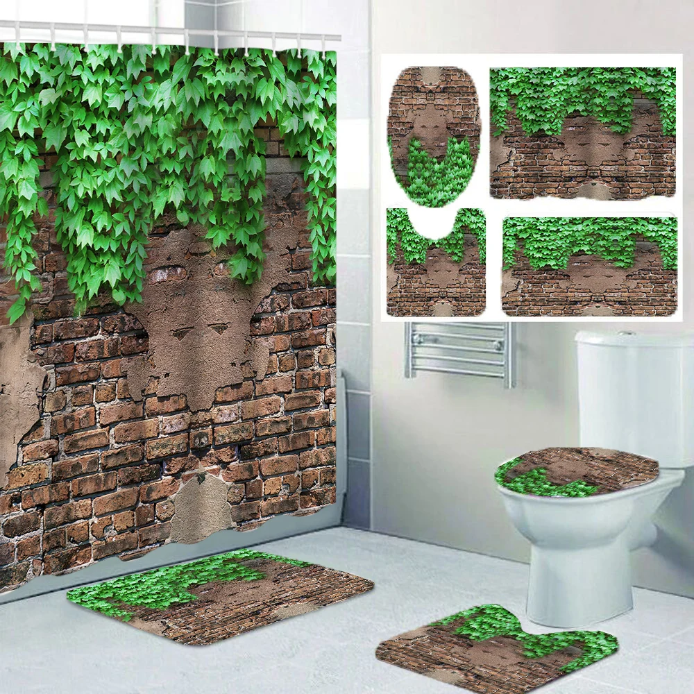 

1/4 Brick green plants shower Curtains, Toilet Seat Decoration, Shower Curtain with Carpet and Toilet Lid, 12 70.8x70.8 inch Hoo