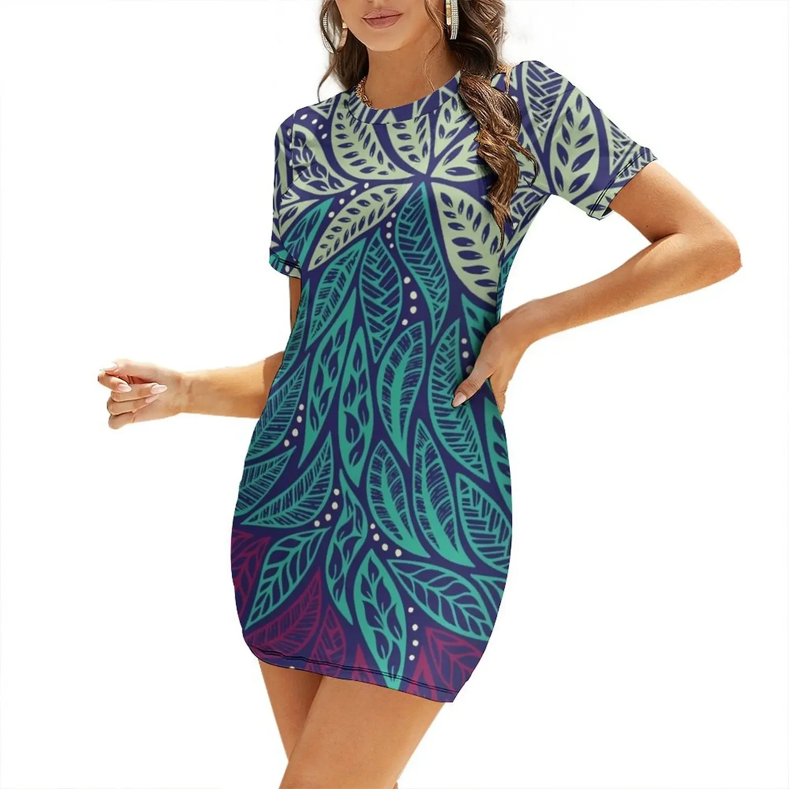 

Polynesian floral blue purple tattoo design Short-Sleeved Dress long dress women summer Dresses women party dresses Dress