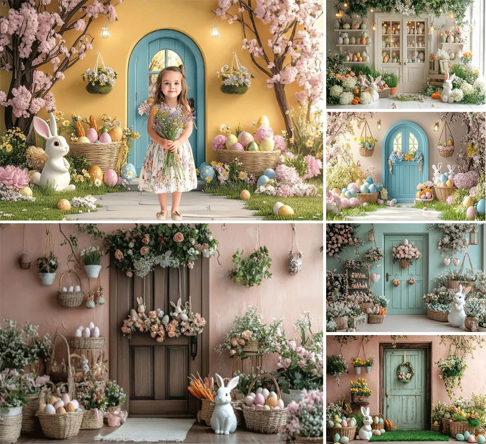 

Весенний пасхальный фон для фотосъемки с деревянной дверью, кроликом, яйца, магазин, детский торт на день рождения, портретный декор, фон для фотостудии