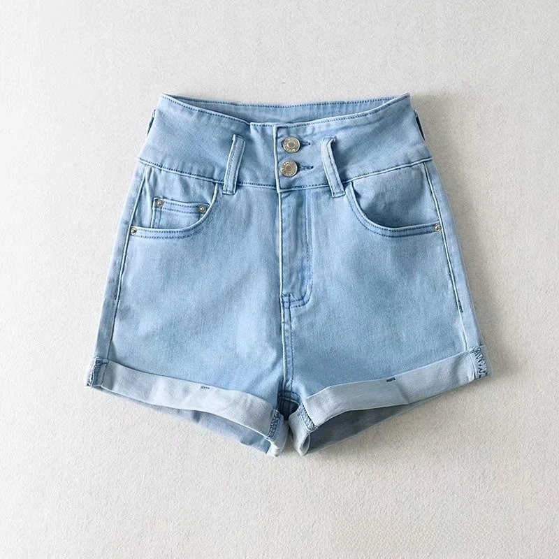 Slim Fit High Waist Denim Shorts Women's Butt Lifting Beach Hot Pants Cuffed Short Length Deep Color Young Women's Jeans