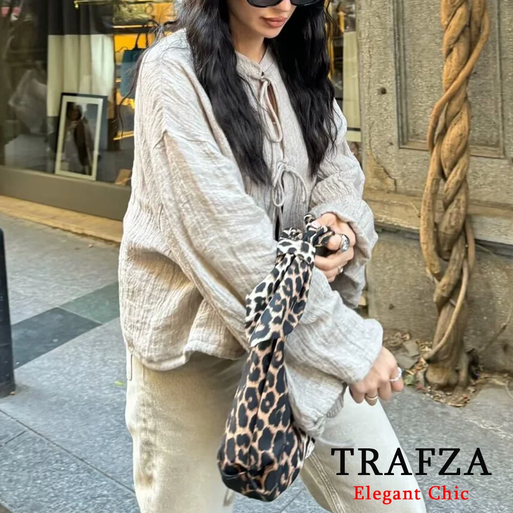 TRAFZA Casual Chic Women Short Jacket Fashion 2024 Spring Autumn Bow Tie Long Sleeve O-neck Jacket New Chinese Commuter Coat