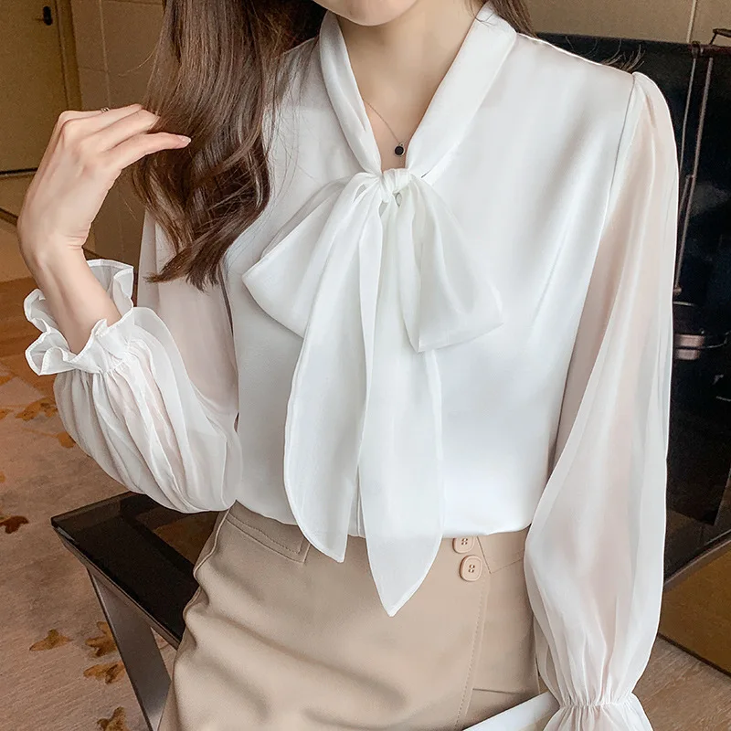 OL Commute Bow Scarf Collar Chiffon Shirt 2022 Women\'s Clothing Elegant Fashion Korean Solid Color Long Sleeve Blouse Female