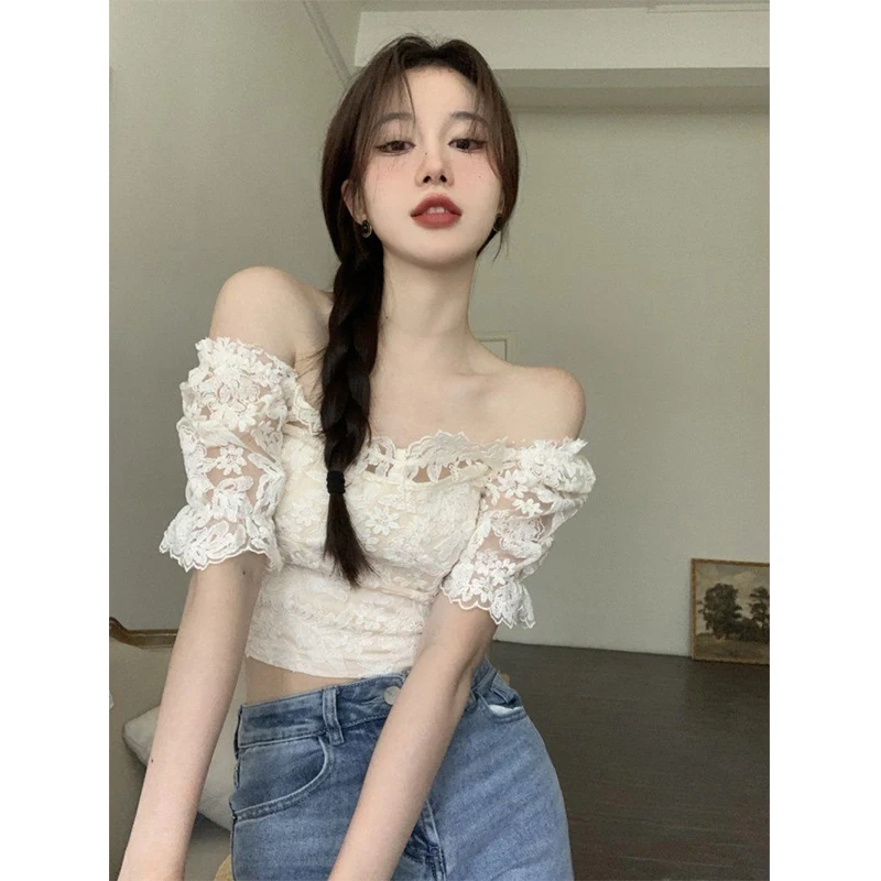 MEXZT Elegant Slash Neck Shirts Women Summer Lace Patchwork Crop Tops Sweet Korean Square Collar Puff Short Sleeve Slim Blouses