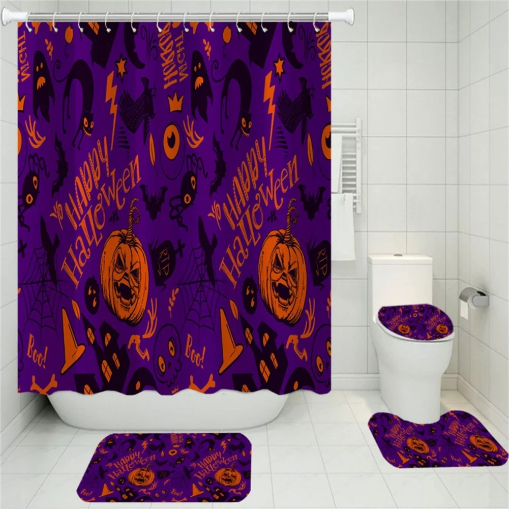 4pcs Halloween Printing Bathroom Accessories Set Waterproof Shower Curtain Non Slip Mat Toilet Cover Bathroom Decoration Kit