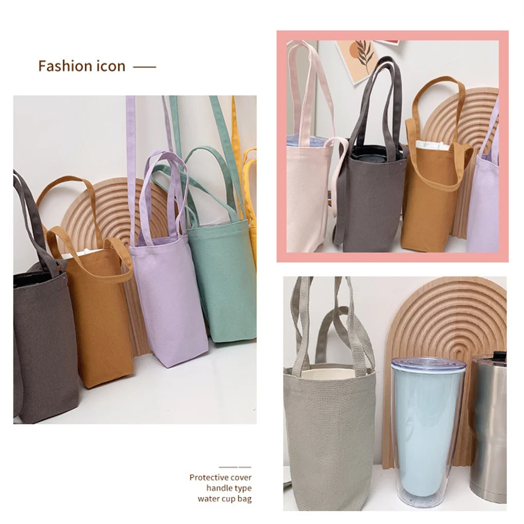 Water Bottle Pouch Reusable Portable Cup Holder Bag Solid Color Crossbody Carrying Tote School Supplies Light Gray