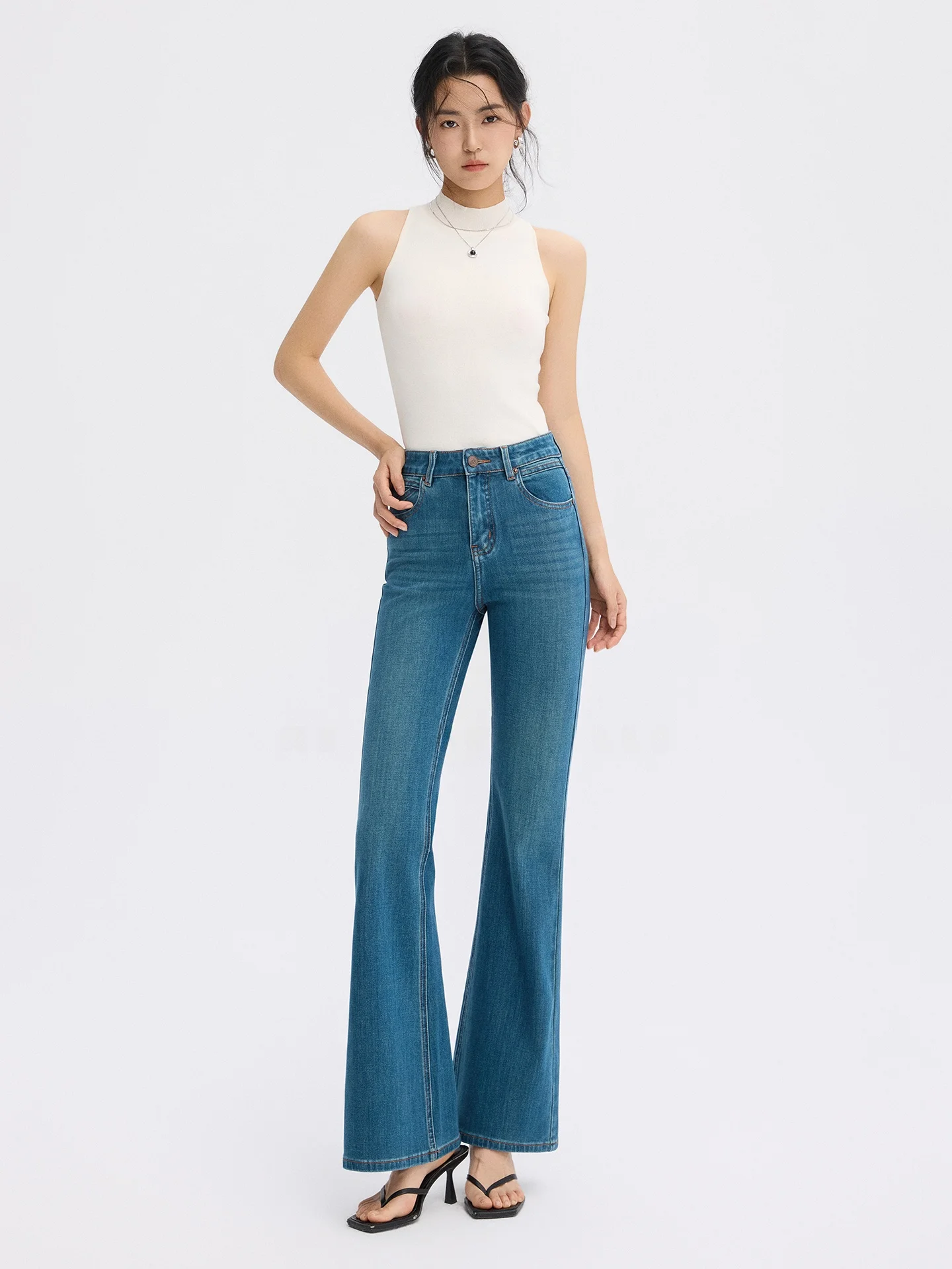 

Джинсы-клеш с высокой талией, эластичные, утягивающие, длиной 7/8, женские, маленький размер, весенняя новинка, синие, из денима, микро-клеш, MS.ROELLE