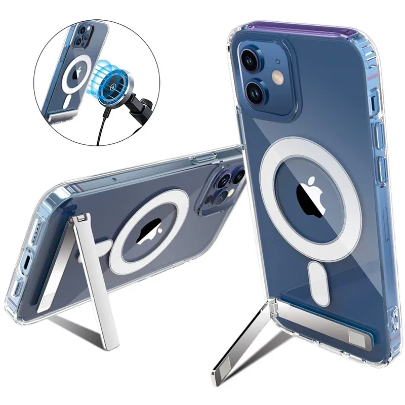 Clear Magnetic Phone Case with Kickstand for iPhone 17 Pro Max Air 16 15 14 Plus 13 12 11 Mini for Wireless Charging Back Cover - náhled 3
