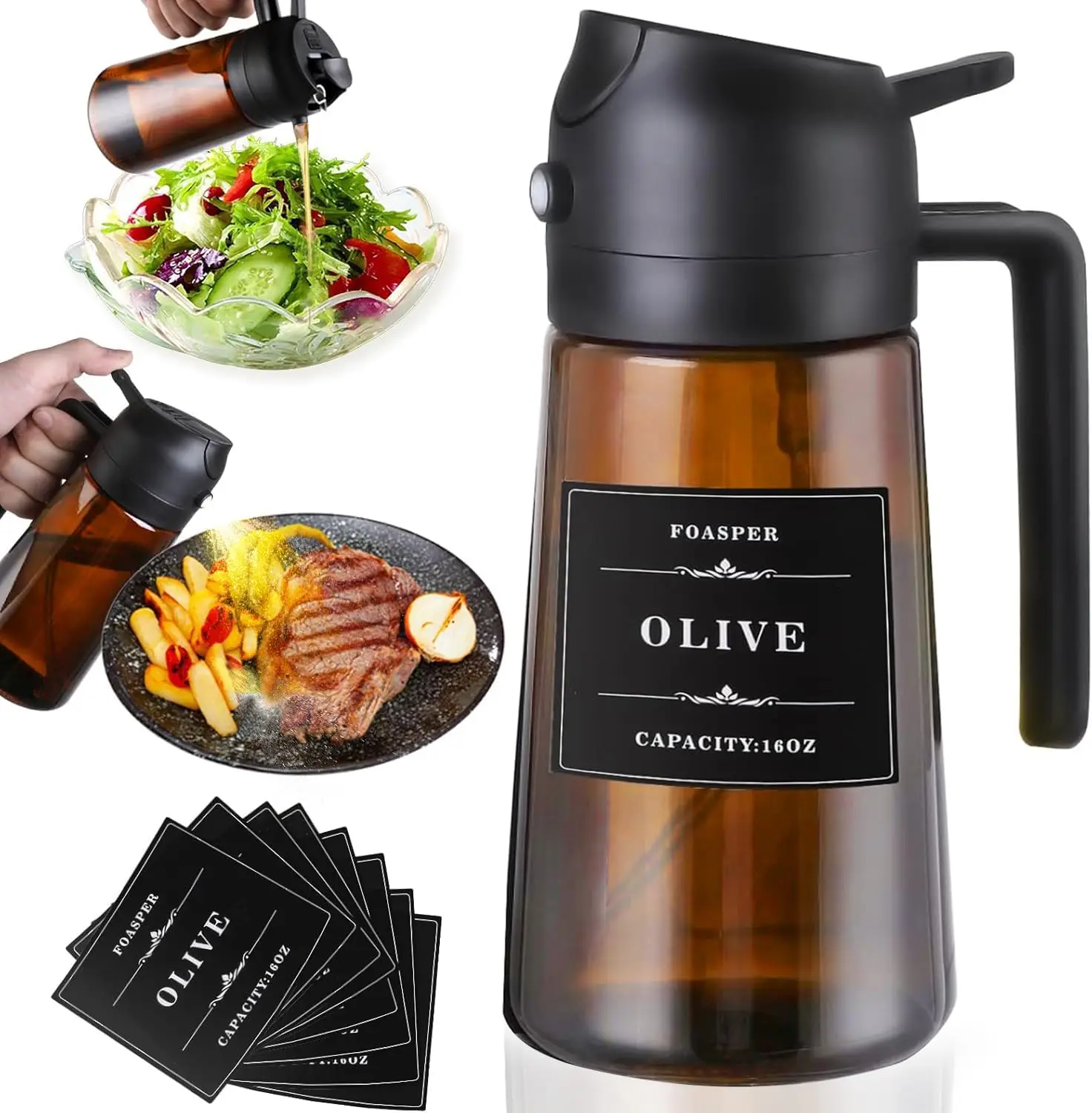 

In 1 Oil Sprayer for Cooking, 16oz Olive Oil Dispenser Bottle for Kitchen with Light Blocking, Food-Grade Glass Oil Spray Pourer