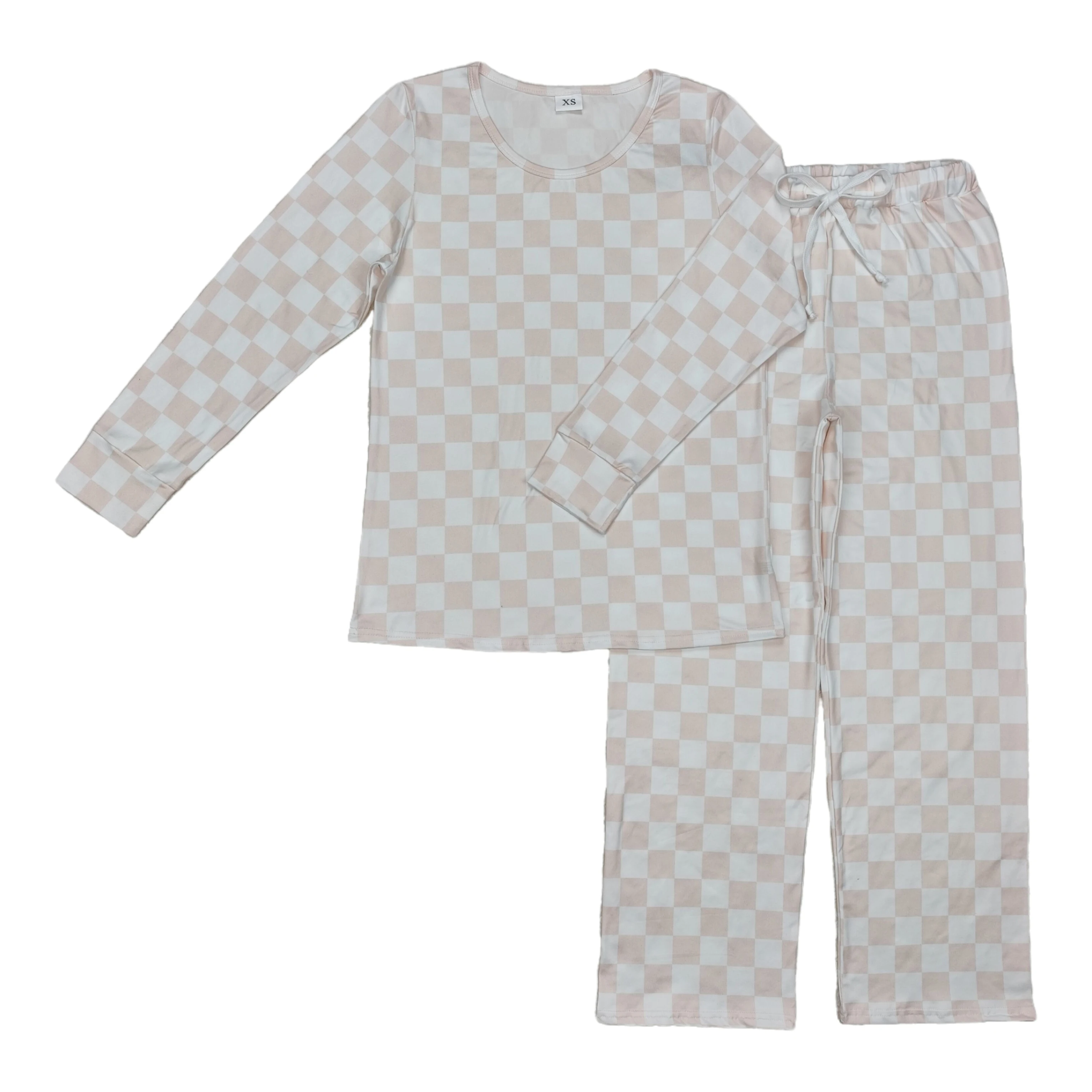 

Оптовая продажа, пуловер с длинными рукавами для взрослых и женщин, розовая, белая клетчатая рубашка, пижамы, женский комплект, одежда для сна, низ, камуфляжный клетчатый наряд