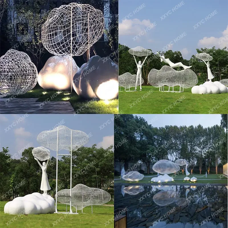 Outdoor Stainless Steel Hollow Cloud Sculpture FRP Abstract Figure Decoration Square Community Lawn Decoration