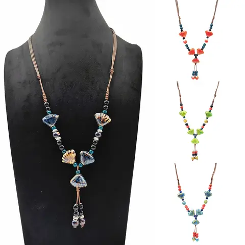 Collier Long en perles de pierre en céramique fait à la main, réglable, style Boho, bohème, Vintage, chaîne de pull, accessoire de bijoux pour femmes