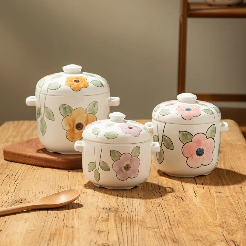 

Japanese Hand-painted Stew Pot Heat-resistant Double Ear Ceramic Bird's Nest Pot with Lid Waterproof Food Grade Home Soup Pots