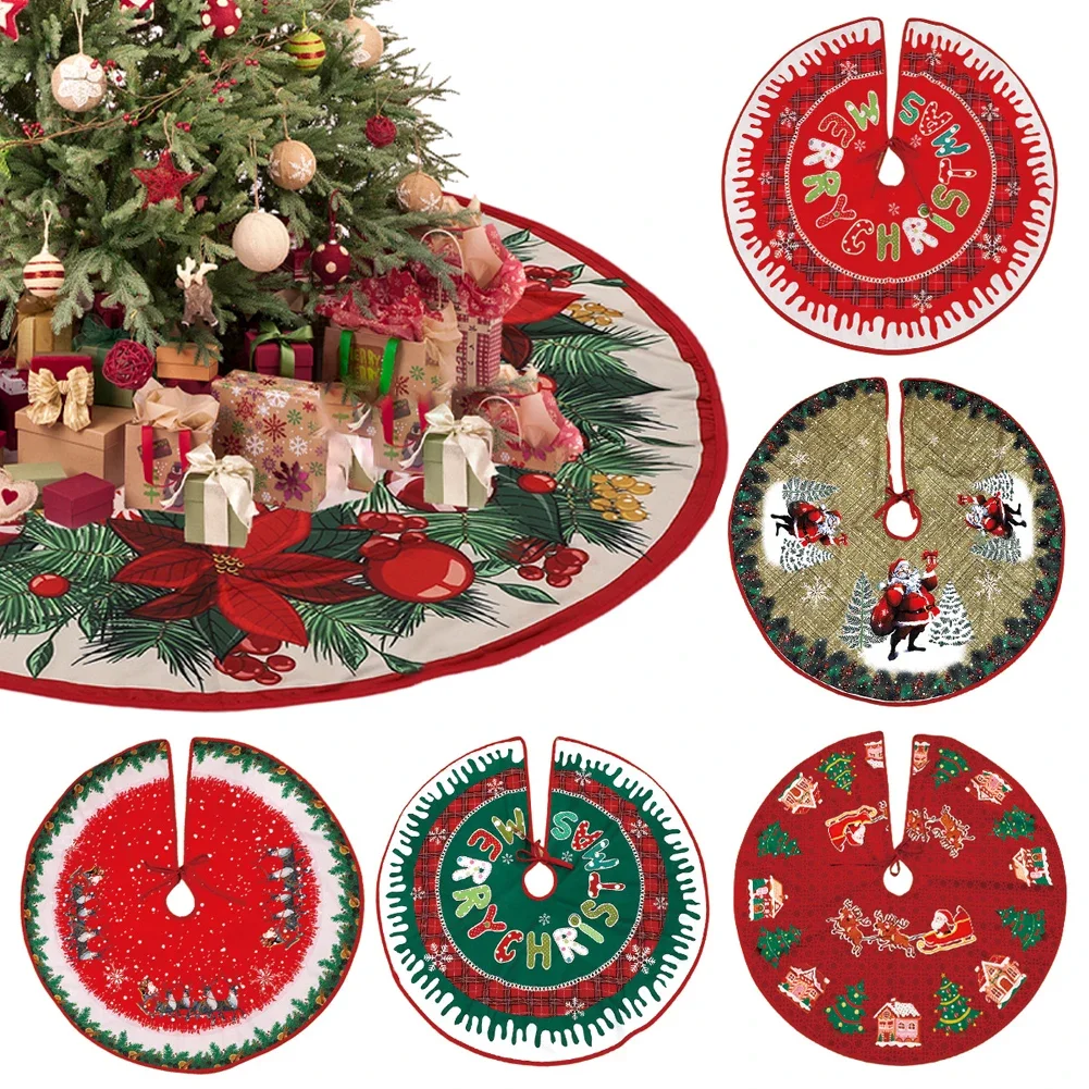 Merry Christmas Tree Skirt Snowflake Santa Claus Printed Xmas Tree Bottom Decor Mat Home Party Ornaments Happy New Year Decor