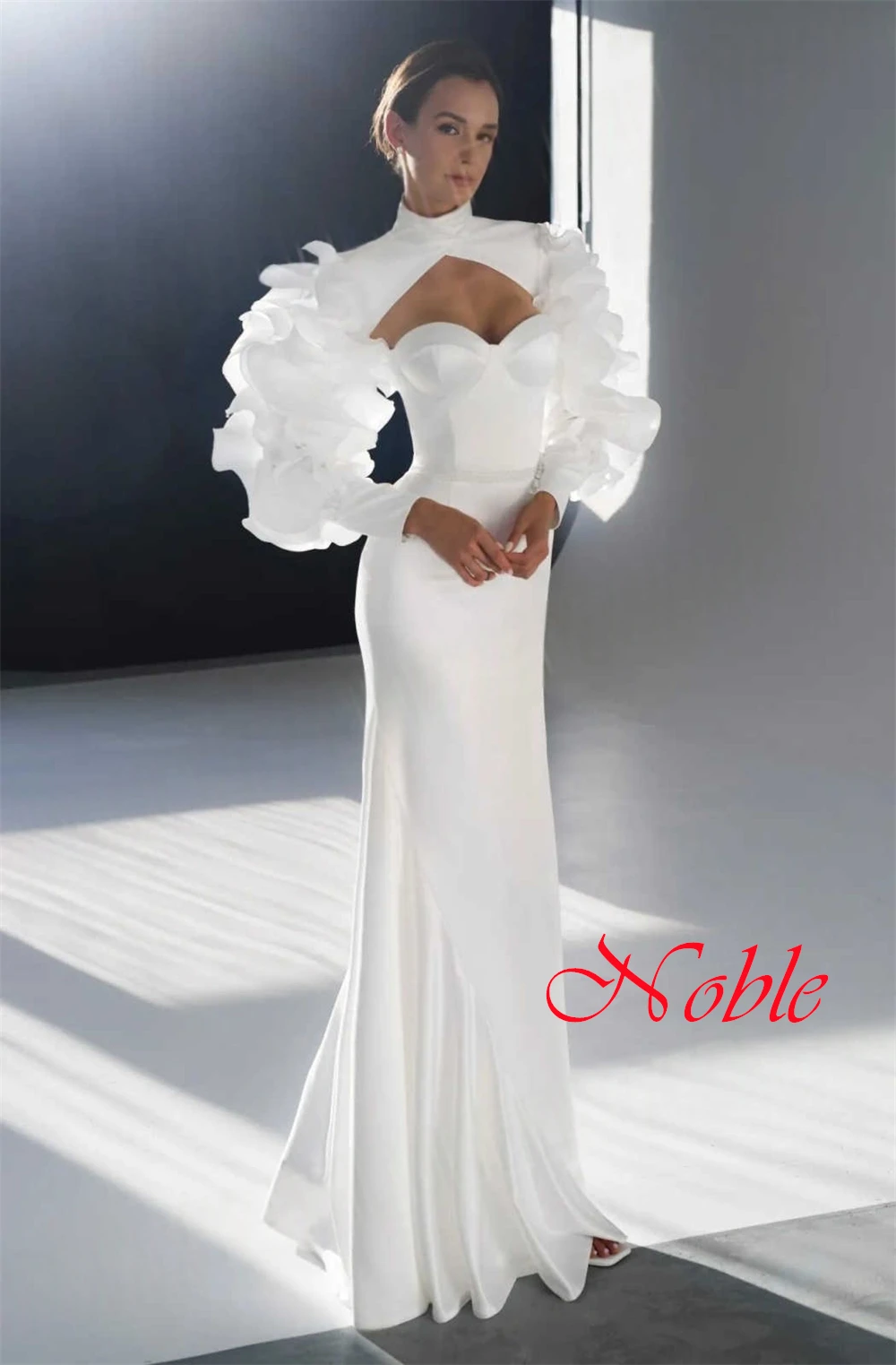

Customized White Satin Long Sleeves High Neckline Evening Dress Ruched Mermaid Simple Homecoming Dress Delicate Vestido De Noche