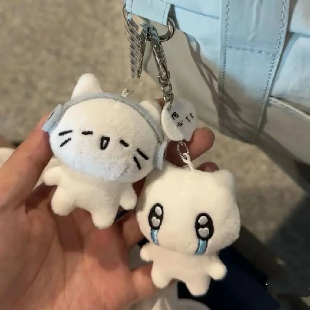 Cute Headphones Kitten Couple Keychain Mini Crying Cat Doll Plush Keyring Cartoon Dog Bee Bag Pendant Charms Backpack Decoration