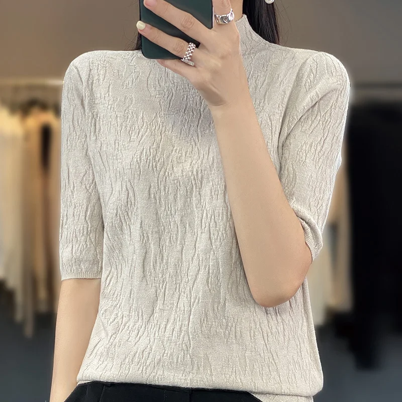 2023 new women\'s cashmere short-sleeved semi-high-necked Korean cashmere sweater women\'s spring and autumn pullover casual top