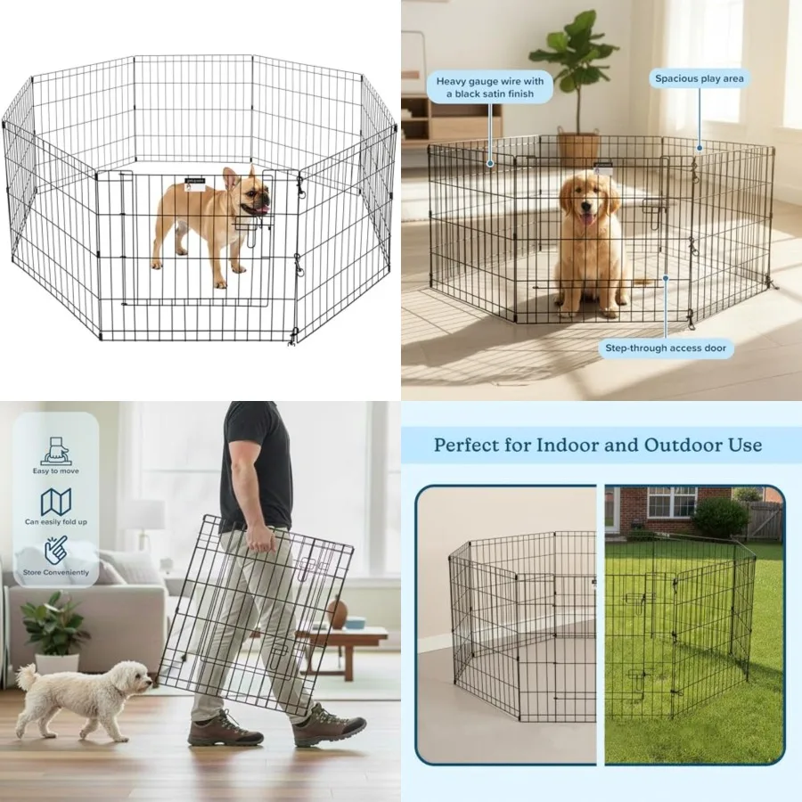 

Puppy Playpen - Foldable Metal Exercise Enclosure with Eight 24-Inch Panels - Indoor/Outdoor Fence for Dogs, Cats, or Small Ani