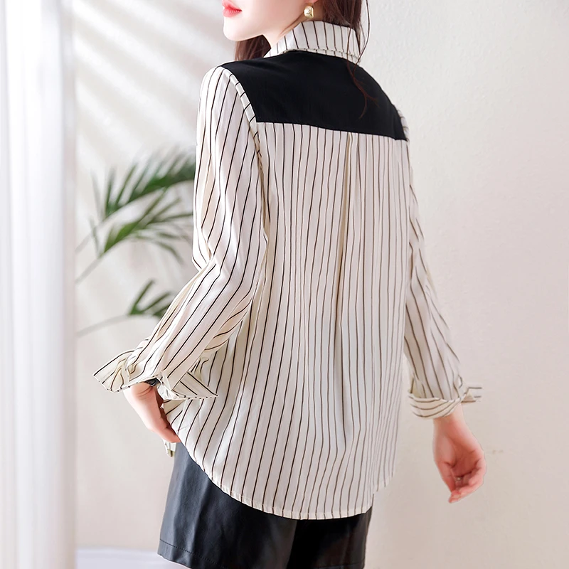 QOERLIN Fashion Fake Two-Piece Embroidered Striped Blouse 2024 New Long Sleeve Turn-Down Collar Button Up Blouse Elegant Tops