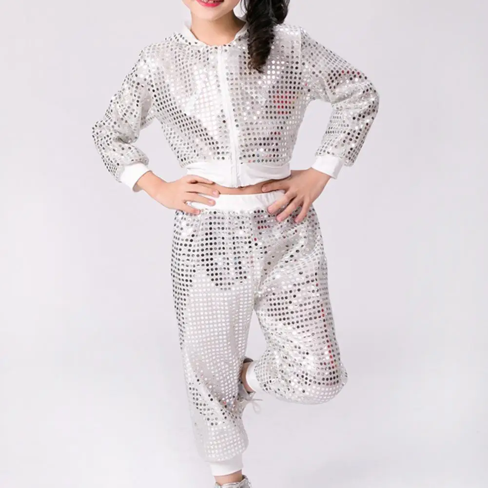 Children Shiny Sequin Hoodie Pants Set Hooded Sequins Coat Elastic Waist Pants Set Kids Disco Party Dance Stage Show Costume