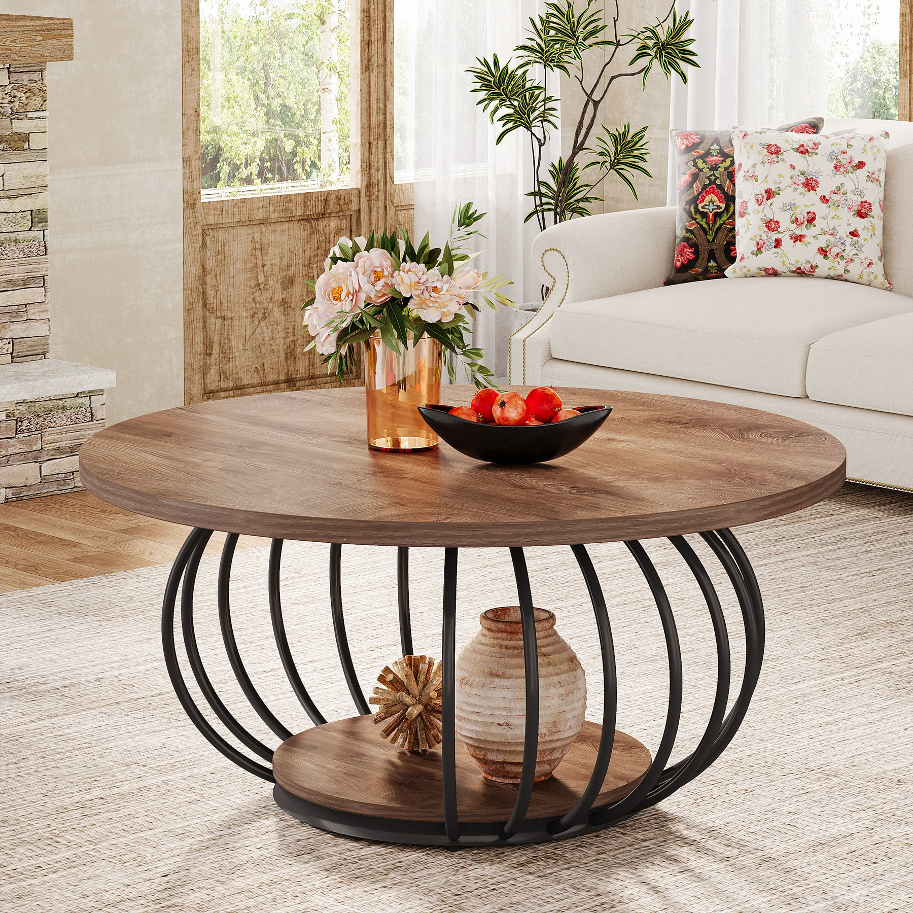 طاولة قهوة مستديرة من Tribesigns مع مساحة تخزين، إطار معدني من طبقتين، 100 × 100 × 46 سم، حبوب خشبية، طاولة مركزية لغرفة المعيشة الحديثة
