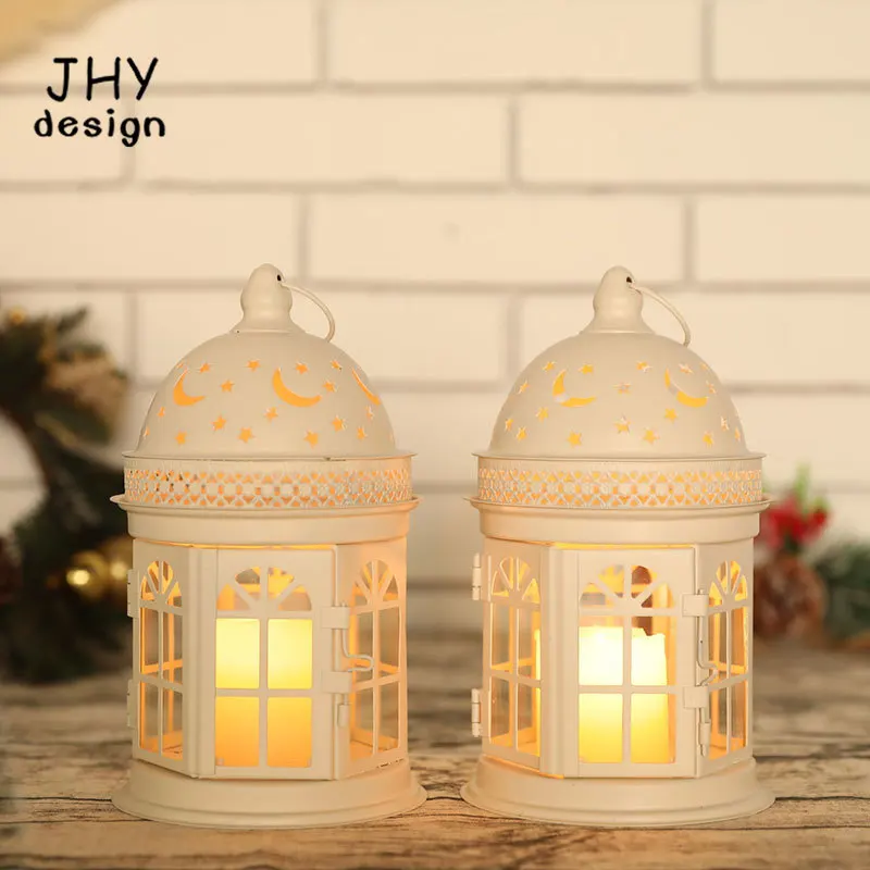 Set of 2 Decorative Lanterns-8.5 inch High Vintage Style Hanging Lantern Metal Candle Holder for Indoor Outdoor Events Weddings