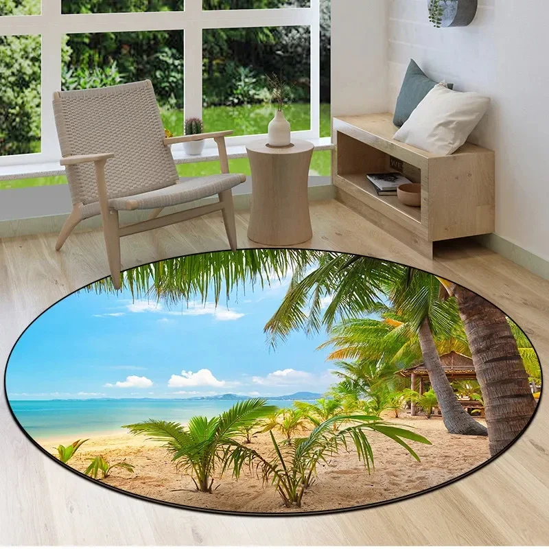 Palm Tree Beach Round Rug Ocean Landscape Circle Carpet Tropical Hawaii Sea Scenery Armchair Floor Mat Living Room Bedroom Mats