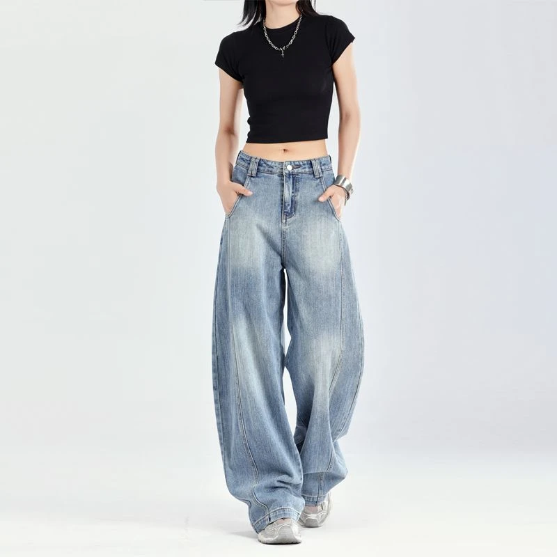 FINEWORDS Vintage Light Blue Korean Jeans Women Casual Harajuku Baggy Jeans Streetwear High Waist Wide Leg Banana Jeans
