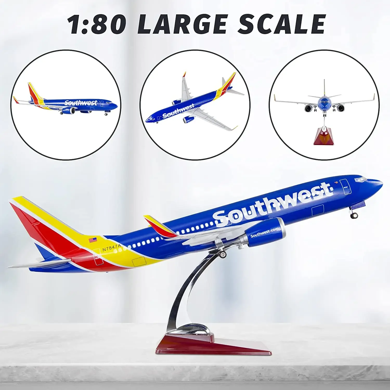 

Модель самолета 47 см B737-800, американский Southwest Airlines, масштаб 1:85, литая под давлением смола со светом и базой, сборные игрушки для мальчиков