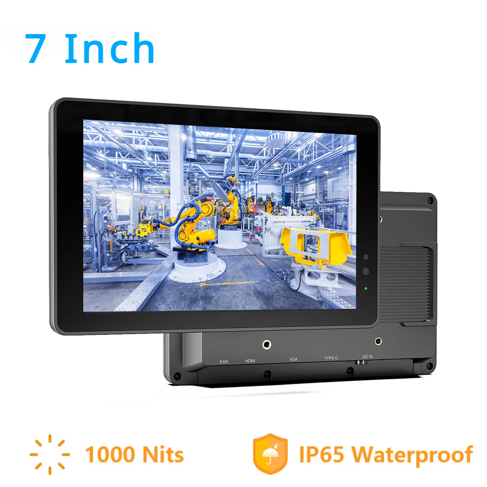 Portable Monitor Industrial-Grade Touch/Non Screen Display IP65 Waterproof 7 Inch 1000Nits High Brightness Screen Auto Dimming