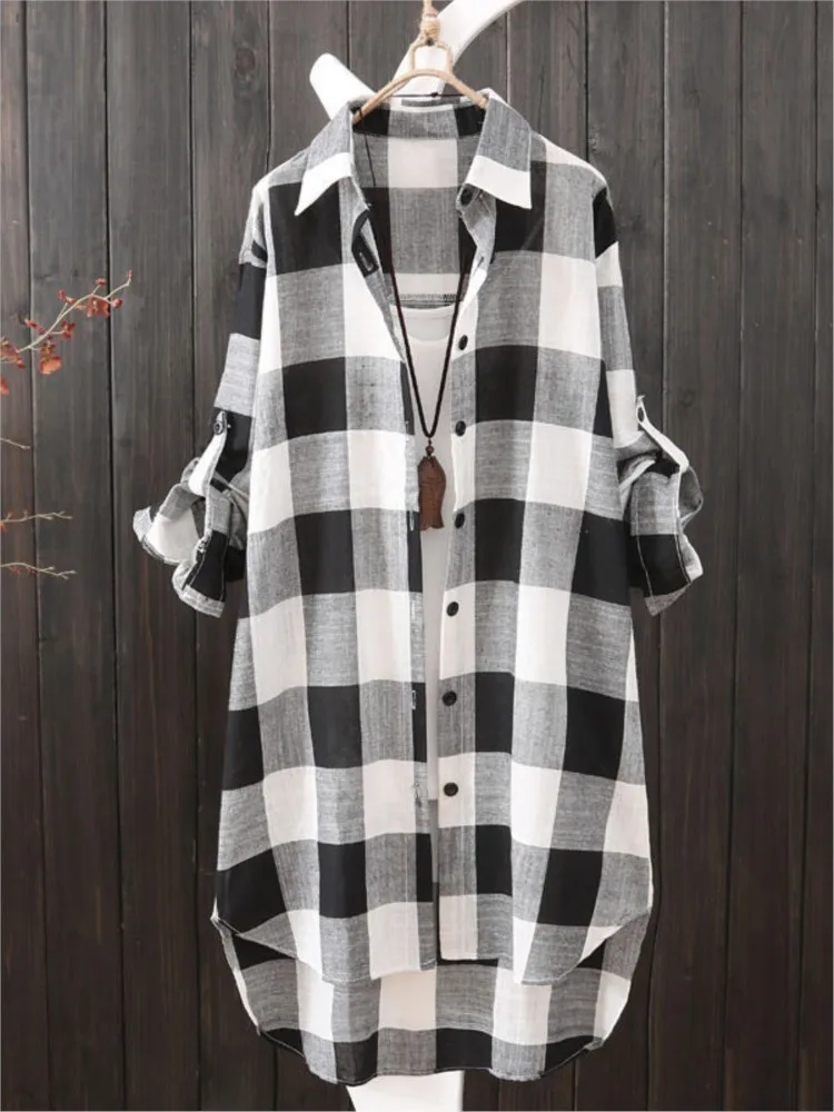 Fashion Plaid Shirt Long Women\'s Tops Spring Autumn Full Sleeve Casual Loose Print Button Blouse Coat Female Beach Cover-up